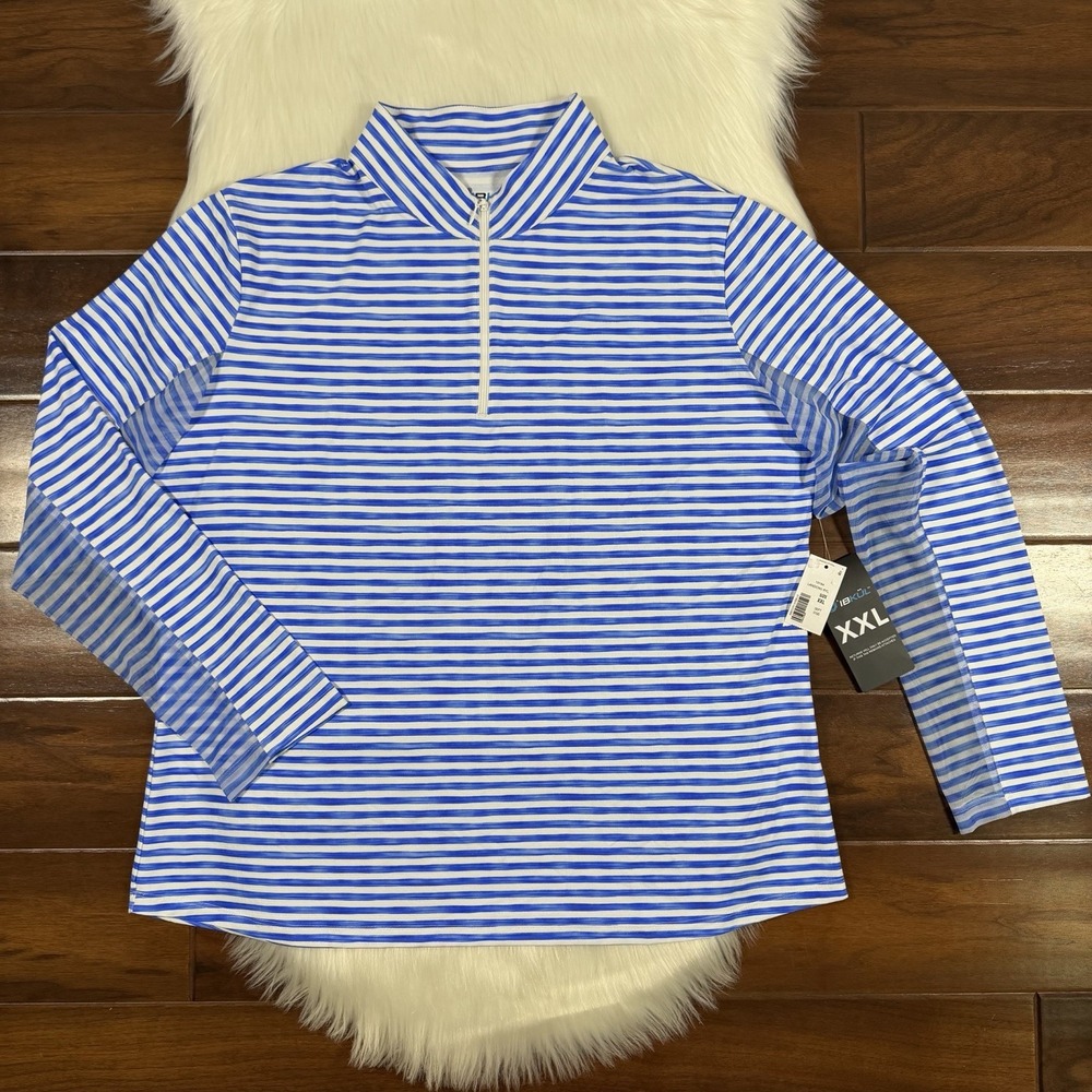 IBkul Women's Size XXL Blue White Stripe Long Sleeve Quarter Zip Landon Shirt